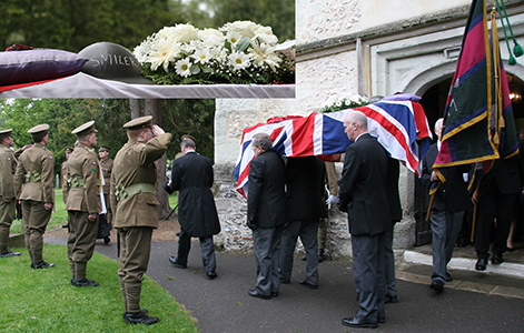 Photograph of 'Smiler's' coffin being carried by soldiers in World War 1 period costume
